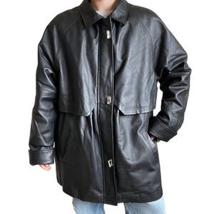 Vintage 90s Womens Oversized Black Leather Toggle Front Mid Length Jacket Sz XL